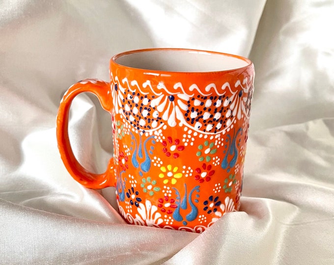 Mediterranean Ceramic Coffee Mug, Turkish Handmade Floral Coffee Mug, Unique Ceramic Coffee Cup, Housewarming Gift,Gift for mom,Gift for her