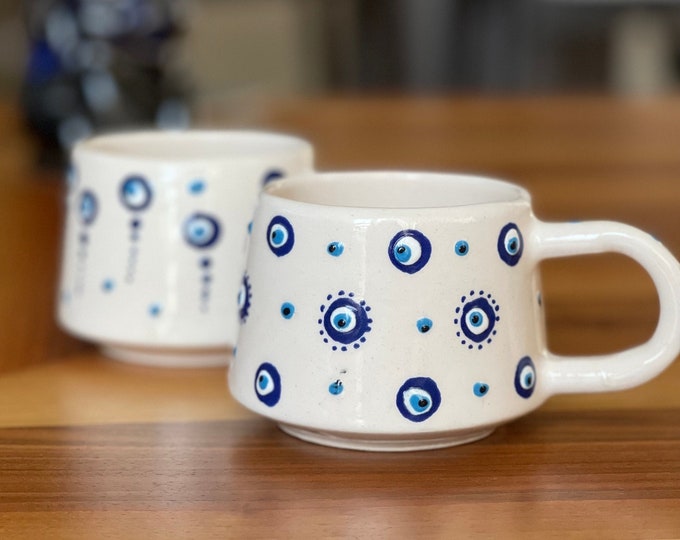 Evil Eye Mediterranean Ceramic Coffee Mug, Turkish Handmade Coffee Mug,Unique Ceramic Coffee Cup, Housewarming Gift,Gift for bridesmaids