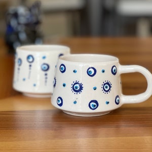 Evil Eye Mediterranean Ceramic Coffee Mug, Turkish Handmade Coffee Mug,Unique Ceramic Coffee Cup, Housewarming Gift,Gift for bridesmaids image 1