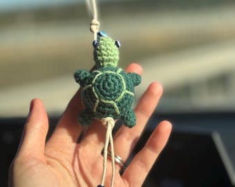 Handmade Crochet Turtle Car Charm with Evil Eye | Cute Rearview Mirror Hanging | Good Luck Car Accessory | Amigurumi Turtle Gift