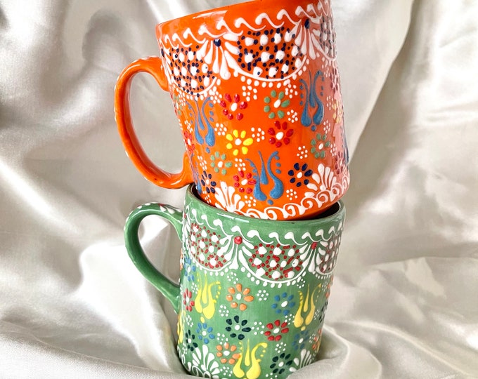 Mediterranean Ceramic Coffee Mug, Turkish Handmade Floral Coffee Mug, Unique Ceramic Coffee Cup, Housewarming Gift,Gift for mom,Gift for her