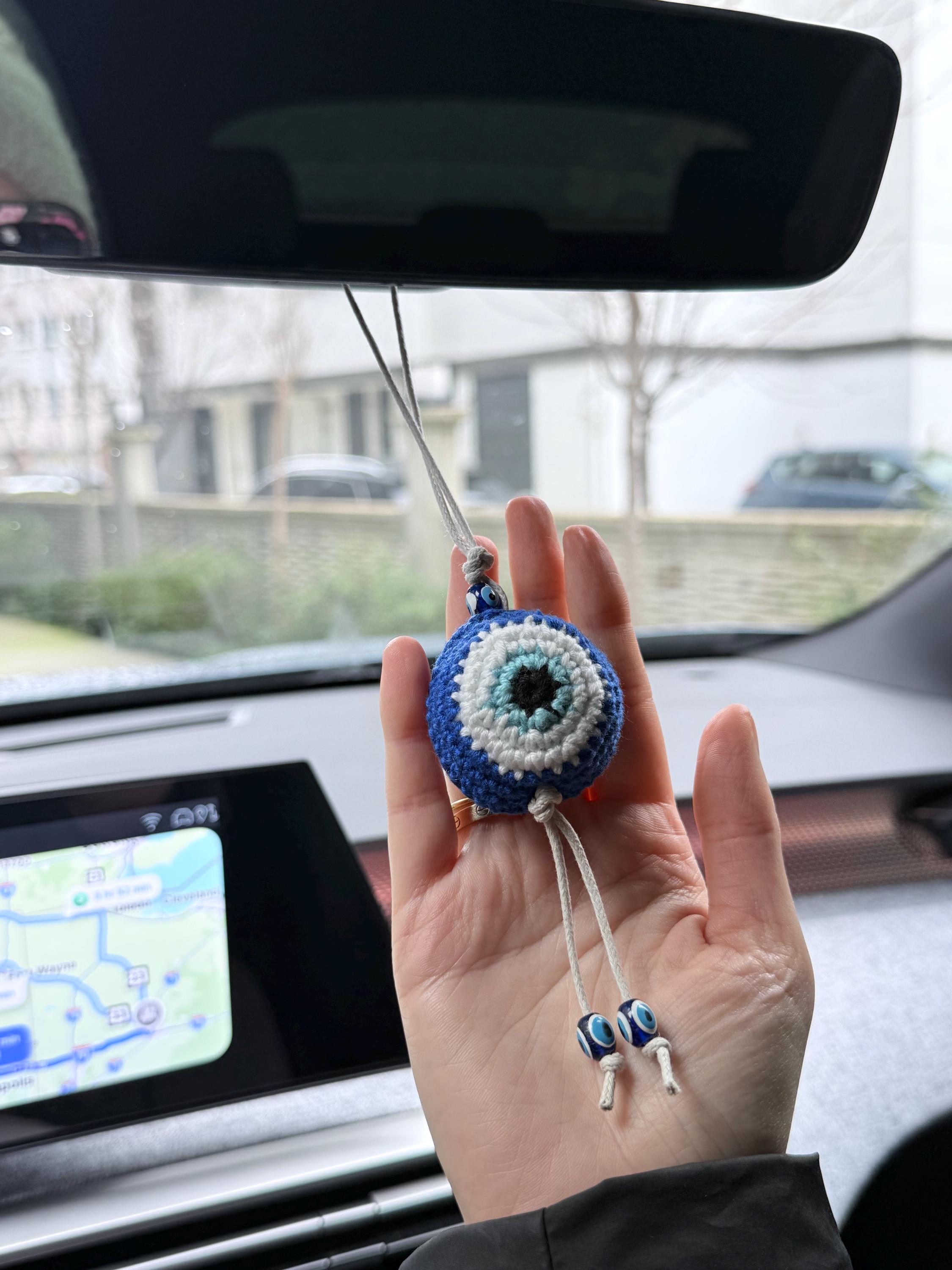 Handmade Crochet Car Charm With Evil Eye | Cute Rearview Mirror Hanging ...