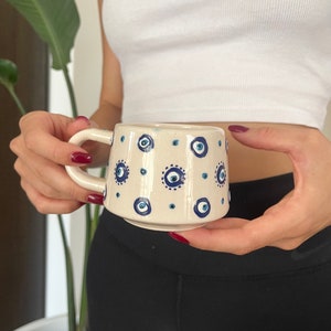 Evil Eye Mediterranean Ceramic Coffee Mug, Turkish Handmade Coffee Mug,Unique Ceramic Coffee Cup, Housewarming Gift,Gift for bridesmaids image 4