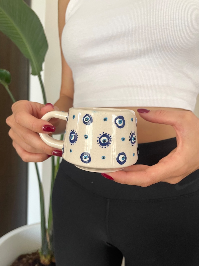 Evil Eye Mediterranean Ceramic Coffee Mug, Turkish Handmade Coffee Mug,Unique Ceramic Coffee Cup, Housewarming Gift,Gift for bridesmaids image 4