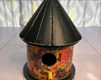 Hand Painted Green Wooden Birdhouse Gnome Floral Rustic Garden Decor