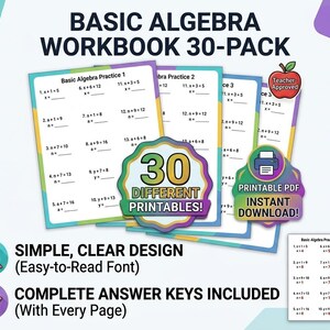 Puede incluir: Un conjunto de cuadernos de trabajo de álgebra con el título "Basic Algebra Workbook 30-Pack". Los cuadernos muestran problemas de práctica de álgebra y el texto "30 Different Printables!" y "Printable PDF Instant Download!"