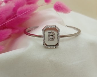 925 Silver Initial Cuff Bracelet Custom Bangle Personalized Name Letter Bracelet Dainty Cz Diamond Alphabet Jewelry Valentine's Day Gift Her