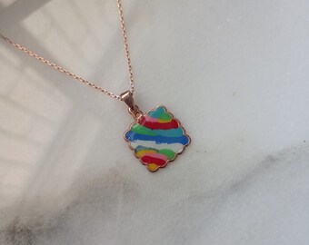 NEW 925 Silver Square Candy Pendant  Drop Painting Rainbow Necklace Art Jewelry Birthday Gift For Her Best Friend Bridesmaid Valentine's Day