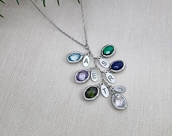 Personalized Birthstone Necklace Custom Initial Leaf Dangle Pendant Custom Stamped Family Tree Charm 925 Silver Gift For Mom or Grandma