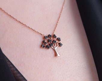 Rose Gold Tree of Life Minimalist Charm Silver Necklace Cubic Zircon Diamond Daily Jewelry Gift For Her Grandma Mother Girlfriend Birthday