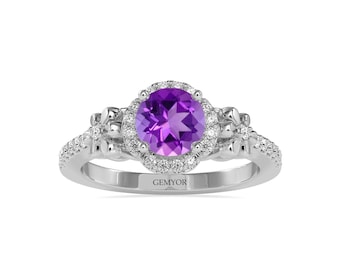Natural Amethyst and Diamond Floral Halo Ring