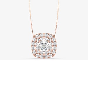 Cushion Shaped Double Halo Pendant In 14K Rose Gold With 1.50ct Round Lab Grown Diamond, Lab Diamond Necklace For Women, IGI Certified