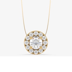 2ctw Lab Grown Diamond Round Halo Pendant In 14K Yellow Gold, Solitaire Pendant With IGI Certified FVS1 1.30ct Round Lab Diamond
