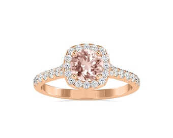 Anillo de compromiso de piedra preciosa de morganita redonda con halo de diamantes en oro rosa de 14 qt, anillo de halo catedral de piedra preciosa de morganita de melocotón