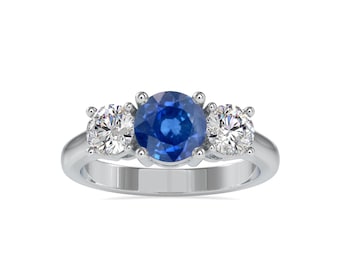 Classic Three Stone Ring With Blue Sapphire And Diamond In 14K Gold, 3-Stone Beauty, Sparkling Gemstone, Royal Blue Sapphire Engagement Ring
