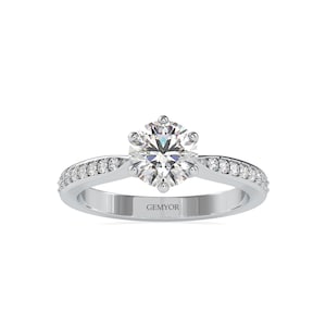 1.15 ct Round Lab Grown Diamond Solitaire Engagement Ring In 14K White Gold, Lab Diamond Accented Pinched Shank Engagement Ring