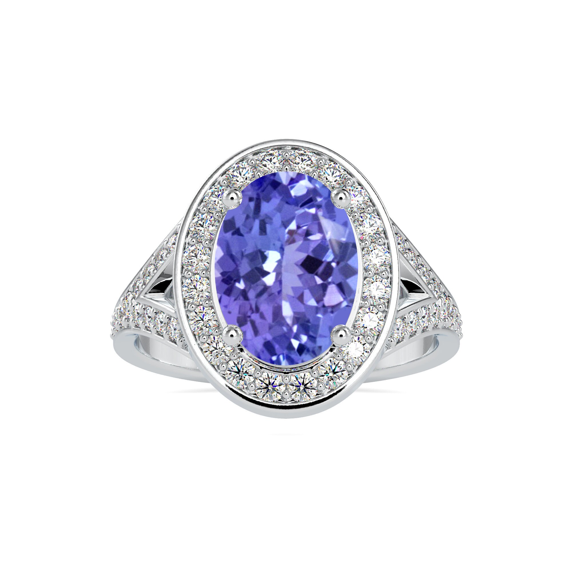 Anillo de halo de tanzanita natural ovalada y dividida en diamante