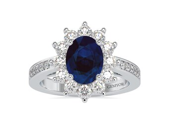 Anillo de compromiso de zafiro natural y diamantes inspirado en la princesa Diana (3 CTW)