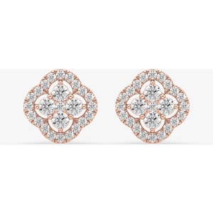 Lab Grown Diamond Clover Stud Earrings In 14K Rose Gold 1ctw, Floral Lab Diamond Earrings