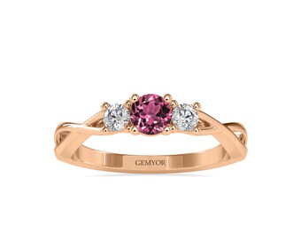 Anillo de compromiso de tres piedras con turmalina rosa y diamantes, Anillo llamativo de piedras preciosas, Anillo trío de diamantes, Anillo infinito, Piedra natal de octubre