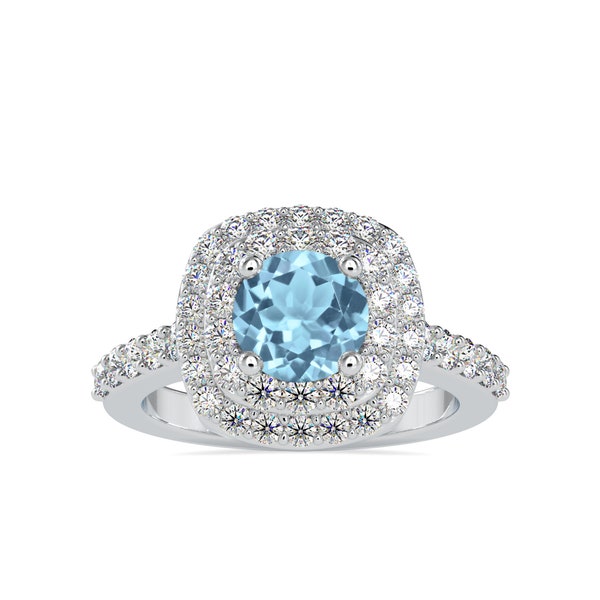Natural Aquamarine Round And Diamond Double Halo Engagement Ring In 14K White Gold, Halo Sparkle, Blue Dazzle, Aqua Glow