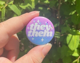 Pronoun Glitter Button Pins
