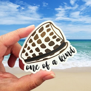 May include: A white sticker with a brown and white seashell design and the words "one of a kind" in black script. The sticker is held in front of a beach and ocean background.