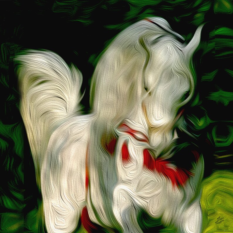 Wall Art Design White Horse Oil Painting Print on Canvas or Fine Art shops Paper, Tamed Horse Print Emerald Green Wall Art, Boho Decor, Gifts