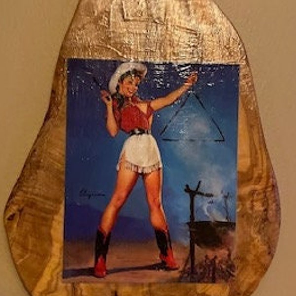 Come and Get it!  Classic Pinup girl on wood cutting board