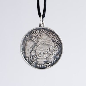 Oxidized Silver Chinese Tang Lion Pendant, Chinese Lion Medallion Necklace, Gift for Dad, Ancient Chinese Pendant, Protection Necklace