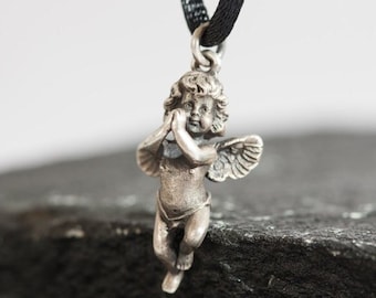 Oxidized Fine Silver Praying Angel Pendant Necklace