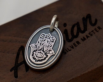 Hamsa Silver Mens Necklace, Silver Hamsa Man Pendant, Hamsa Charm Pendant, Hand of Fatima Silver Men Pendant, Husband Gift, Handmade