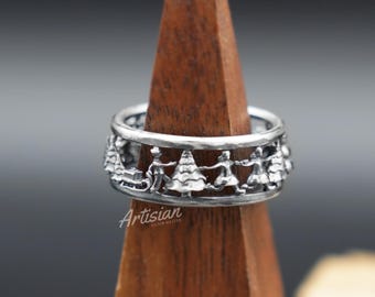 Oxidized Sterling Silver Christmas Themed Eternity Band, Christmas Tree Ring, Winter Snowman Ring, Unique Holiday Ring, Festive Jewelry