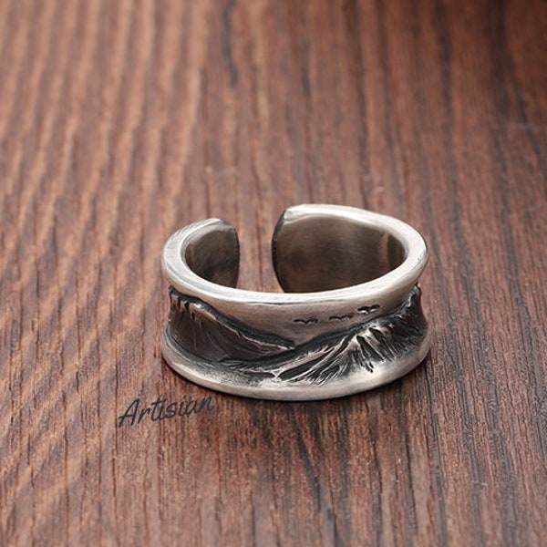 999 Silver Mountain Ring, Mountain Band Ring For Men, Mens Wedding Ring, Nature Ring, Adjustable Fit, Mountain Jewelry, Outdoor Jewelry