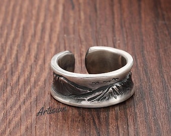 999 Silver Mountain Ring, Mountain Band Ring For Men, Mens Wedding Ring, Nature Ring, Adjustable Fit, Mountain Jewelry, Outdoor Jewelry