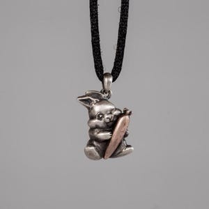 Oxidized Silver Bunny with Carrot Pendant, Rabbit Necklace, 3D Bunny Necklace, Rabbit Jewelry, Handmade Animal Necklace, Gift For Him