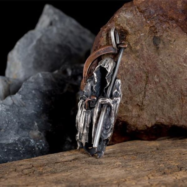 Handmade Oxidized Sterling Silver Grim Reaper Pendant Necklace, Biker Jewelry