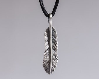 Sterling Silver Feather Necklace, Rustic Feather Pendant in Oxidized Silver, Necklace for Men and Women, Mens Necklace, Boho Necklace