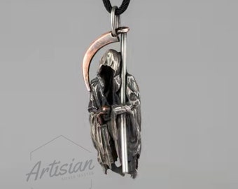 Handmade Grim Reaper Necklace, Sterling Silver Men's Necklace, Angel of Death Necklace, Memorial Gift, Oxidized Pendant, Biker Jewelry