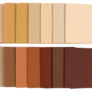 May include: A set of 18 fabric swatches in shades of brown and beige. The swatches are arranged in two rows, with the lighter shades on top and the darker shades on the bottom.