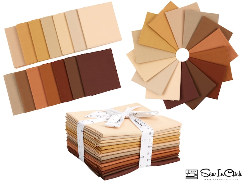 May include: A stack of 20 fat quarter fabric squares in various shades of brown, beige, and cream. The fabric is arranged in a color gradient from light to dark. The fabric is tied with a white ribbon and a measuring tape.