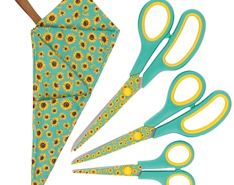 Sunflower Scissors Set: Soft Grip, Stainless Steel Blades, Handmade Fabric Case