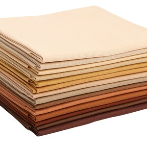 May include: A stack of 18 fabric squares in various shades of brown, beige, and cream. The fabric is a soft, natural cotton blend.