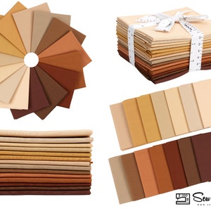 May include: A collection of 20 fat quarter fabric squares in shades of brown, beige, and tan. The fabric squares are arranged in a circle, a stack, and a row. The fabric is a solid color and has a subtle texture.