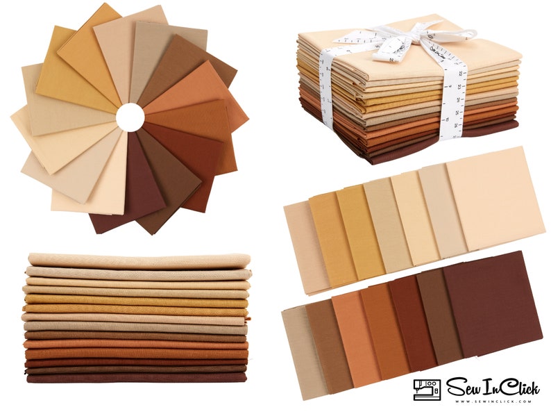 May include: A collection of 20 fat quarter fabric squares in shades of brown, beige, and tan. The fabric squares are arranged in a circle, a stack, and a row. The fabric is a solid color and has a subtle texture.