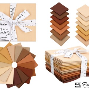 May include: A bundle of 14 fat quarter fabric squares in shades of brown, beige, and tan. The fabric is 100% cotton and measures 53 by 46 cm. The bundle is tied with a white ribbon and labeled "Fat Quarter Bundle".