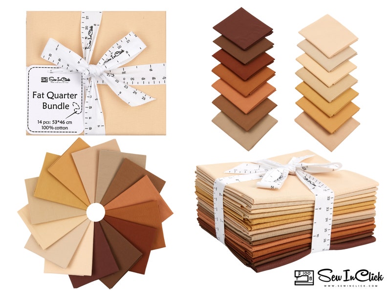May include: A bundle of 14 fat quarter fabric squares in shades of brown, beige, and tan. The fabric is 100% cotton and measures 53 by 46 cm. The bundle is tied with a white ribbon and labeled "Fat Quarter Bundle".