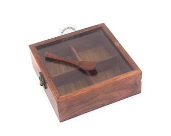 Sheesham Wood Spice Box: Indian Masala Container with Spoon