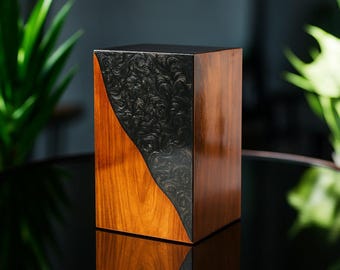 Handmade Rosewood Urn Box | Black Marble Resin Inlay, Custom Engraved Memorial Keepsake