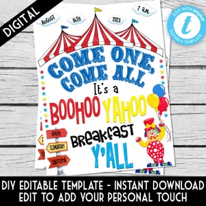 May include: A printable sign with a circus theme. The sign says "Come one, come all. It's a Boohoo Yahoo Breakfast Y'all". There are red and white striped tents, a clown, and balloons.